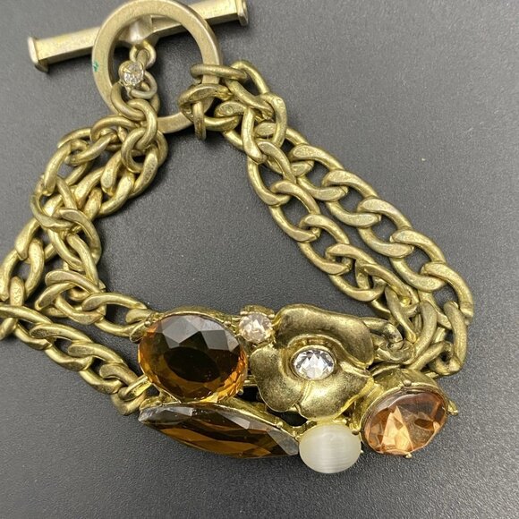 Chicos Gold Tone Chain Bracelet Toggle Clasp Cats Eye Glass Crystal Floral Fall - Picture 7 of 10